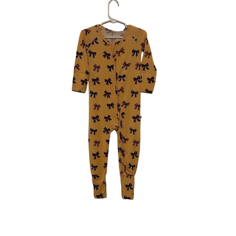 Minikin Mischief Halloween Bow Bamboo Viscose Sleeper Romper 0-3M Mustard Yellow